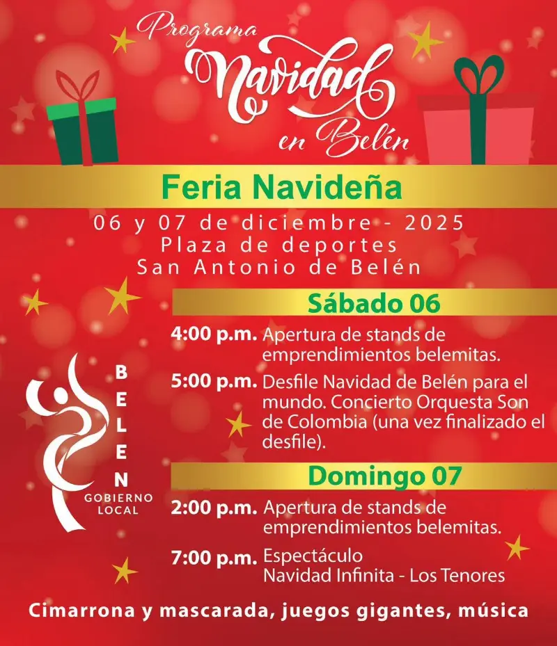 Que hacer hoy en Costa Rica: Feria navideña con desfile, conciertos y stands de emprendedores el 6 y 7 de diciembre en la Plaza de Deportes de San Antonio de Belén.