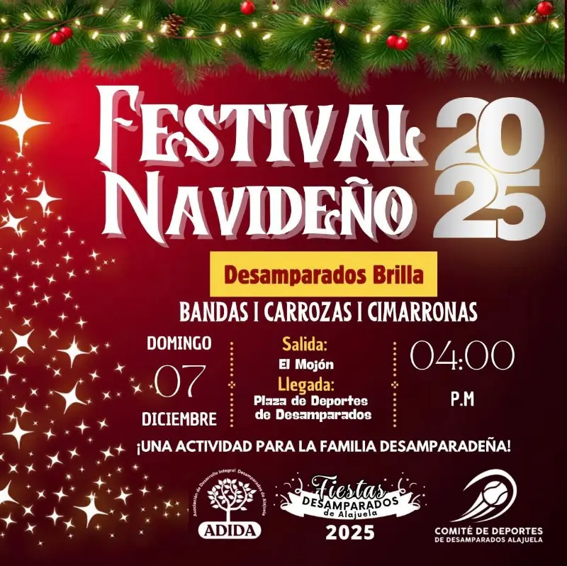 Que hacer hoy en Costa Rica: Desamparados Brilla con un recorrido navideño lleno de bandas, carrozas y cimarronas este 7 de diciembre.