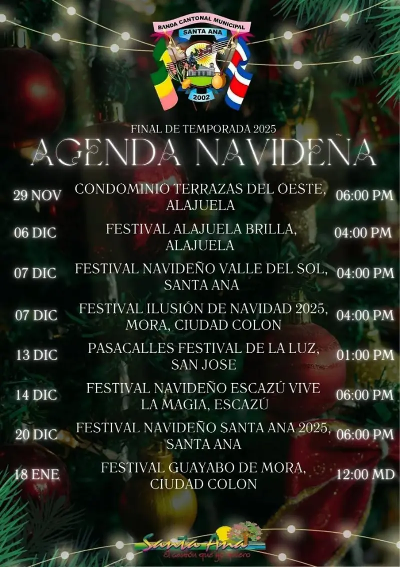Que hacer hoy en Costa Rica: Presentaciones, desfiles y festivales navideños junto a la Banda Cantonal Municipal de Santa Ana.