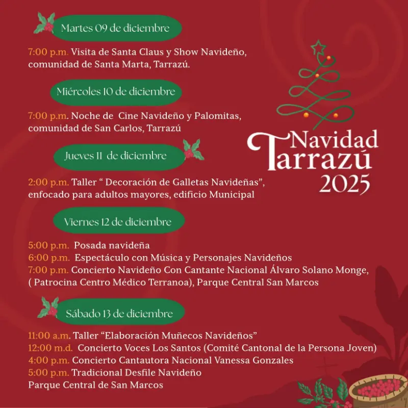 Que hacer hoy en Costa Rica: Una semana llena de actividades navideñas, talleres, cine, conciertos y desfile en varias comunidades de Tarrazú.
