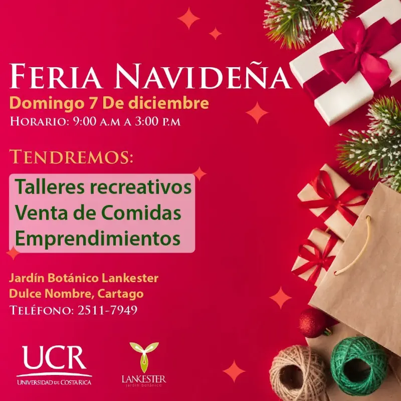 Que hacer hoy en Costa Rica: Una feria navideña con talleres, actividades familiares, comidas y emprendimientos en el Jardín Botánico Lankester.