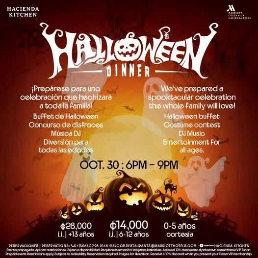Cena temática de Halloween con buffet, concurso de disfraces y música DJ para toda la familia en Hacienda Kitchen.