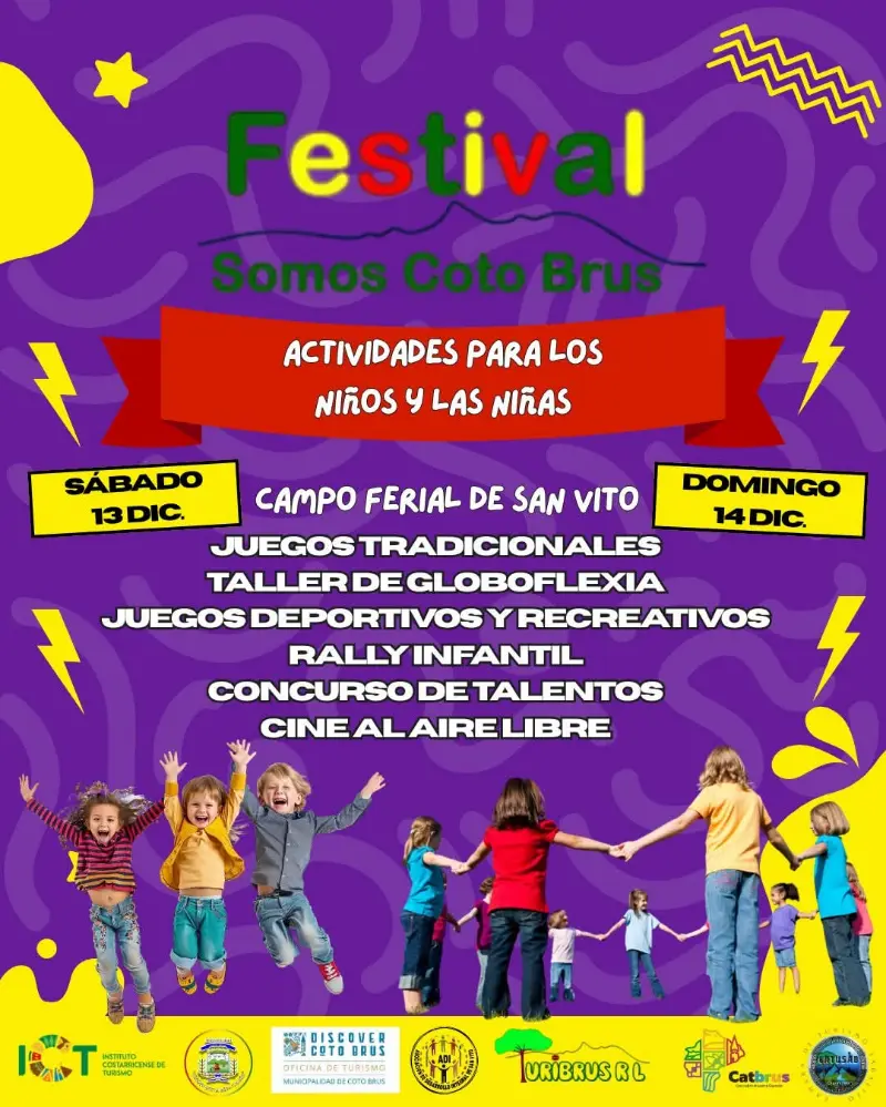 Que hacer hoy en Costa Rica: Festival familiar con juegos, talleres, rally infantil, talentos y cine al aire libre en el Campo Ferial de San Vito.