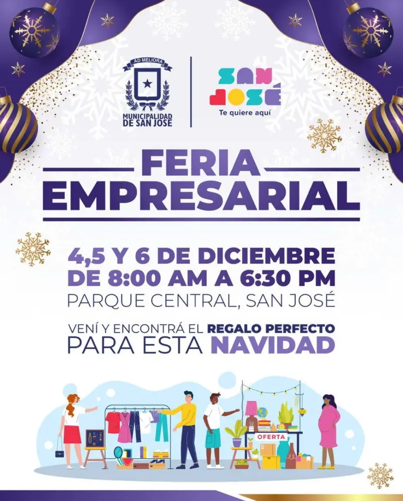 Feria empresarial navideña en el Parque Central de San José con emprendimientos y regalos para toda la familia.