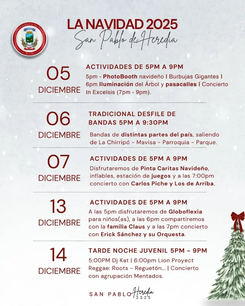 Que hacer hoy en Costa Rica: Actividades navideñas y desfile de bandas en San Pablo de Heredia del 5 al 14 de diciembre 2025.