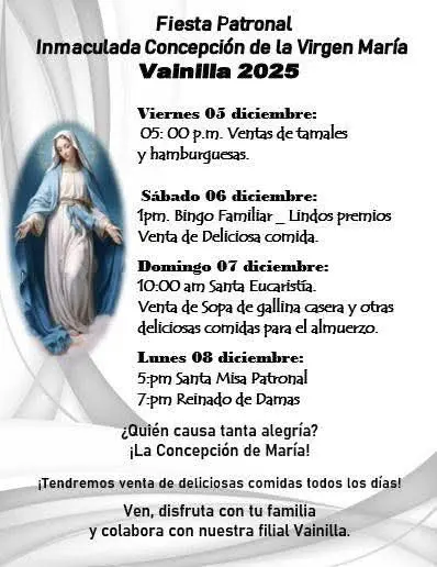 Que hacer hoy en Costa Rica: Celebración patronal con actividades religiosas, comidas tradicionales, bingo y reinado en Vainilla, Paquera.