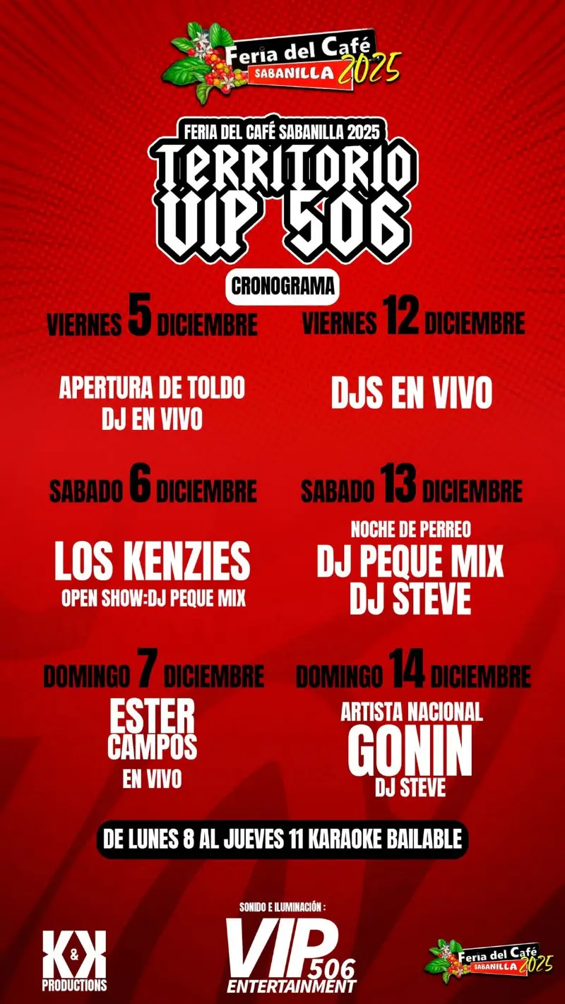 Que hacer hoy en Costa Rica: Cronograma musical con DJs, artistas en vivo, shows y karaoke en la Feria del Café Sabanilla, Alajuela.