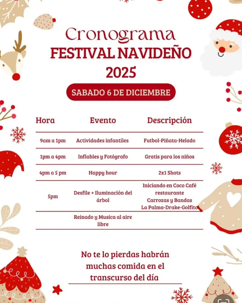 Que hacer hoy en Costa Rica: Celebración navideña con actividades infantiles, inflables, desfile, iluminación del árbol y música al aire libre.