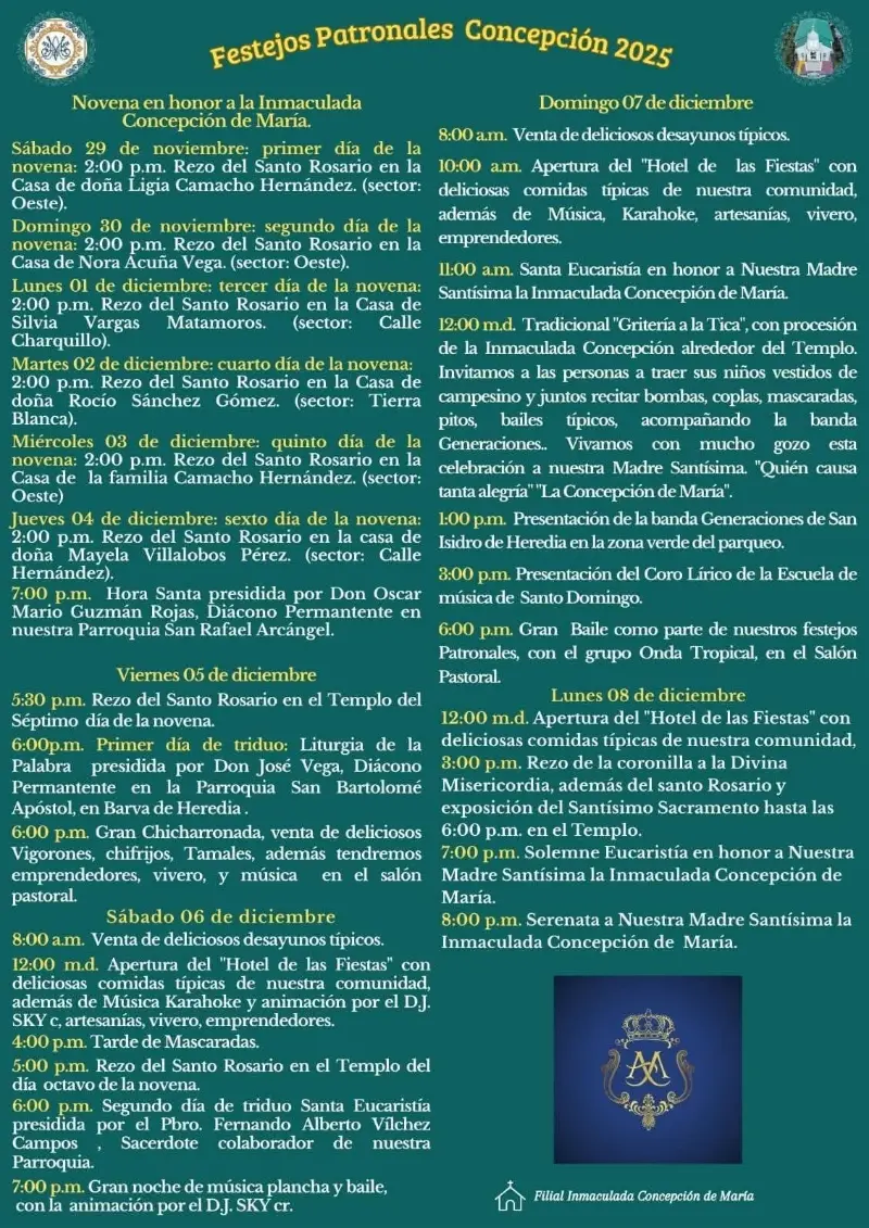 Que hacer hoy en Costa Rica: Celebración en honor a la Inmaculada Concepción con actividades religiosas, comidas típicas, música y tradiciones.