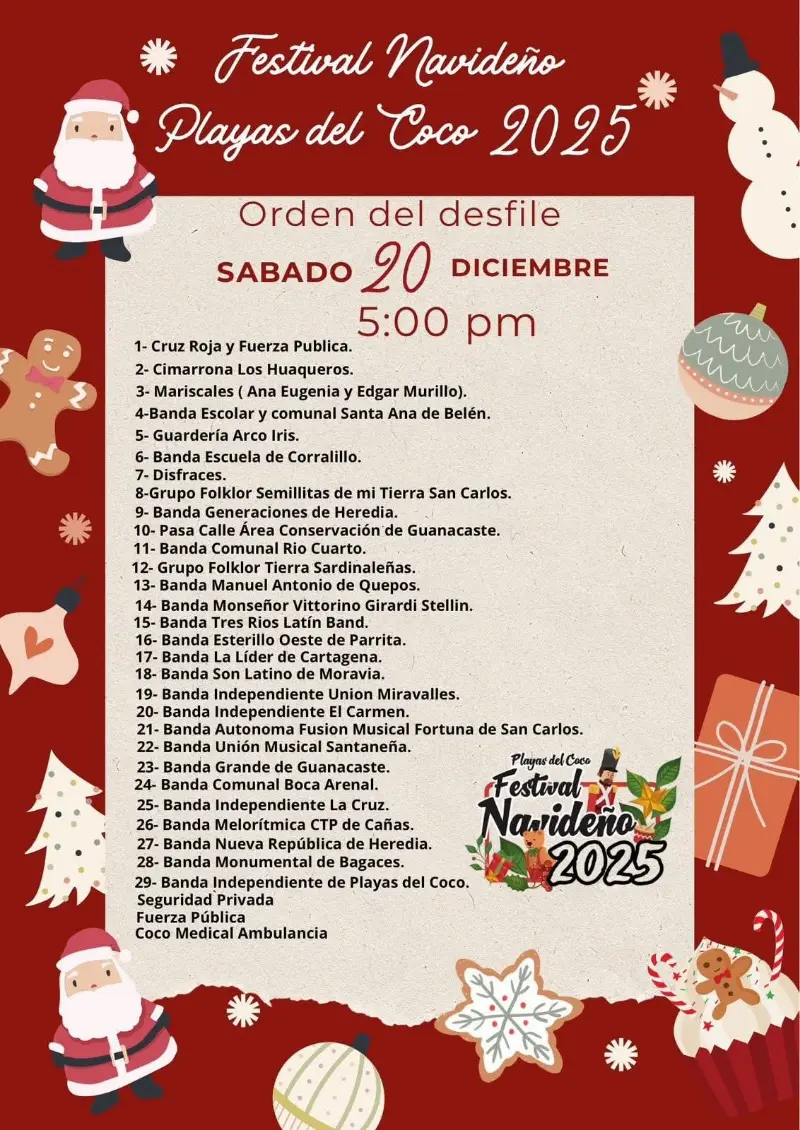 Que hacer hoy en Costa Rica: Gran desfile y festival navideño en Playas del Coco con más de 25 bandas, comparsas y actividades para toda la familia.