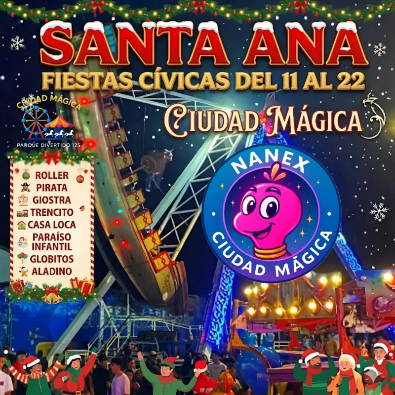 Que hacer hoy en Costa Rica: Las Fiestas Cívicas de Santa Ana ofrecerán Ciudad Mágica con juegos mecánicos, atracciones familiares y ambiente festivo del 11 al 22 de diciembre.