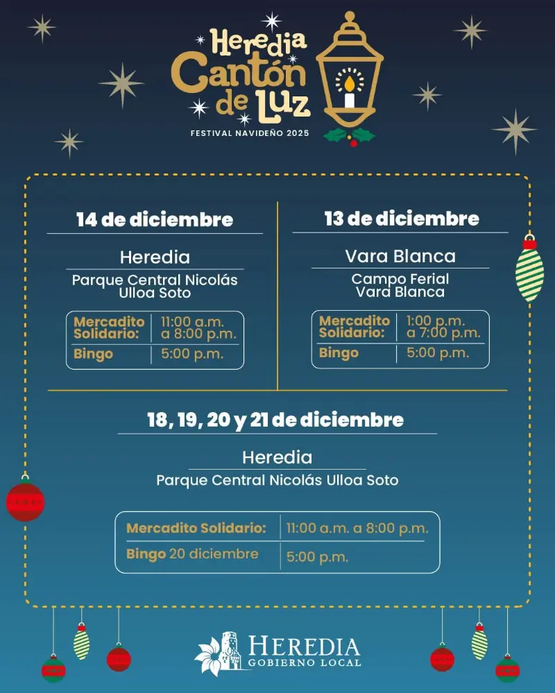 Que hacer hoy en Costa Rica: Festival navideño con mercaditos solidarios, bingo y actividades especiales en Heredia y Vara Blanca.
