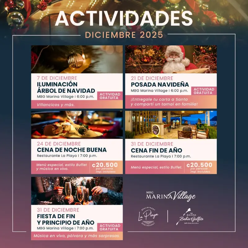 Que hacer hoy en Costa Rica: MBG Marina Village presenta una agenda especial de actividades navideñas durante diciembre, con eventos gratuitos, posadas, iluminación del árbol y celebraciones de fin de año para toda la familia.