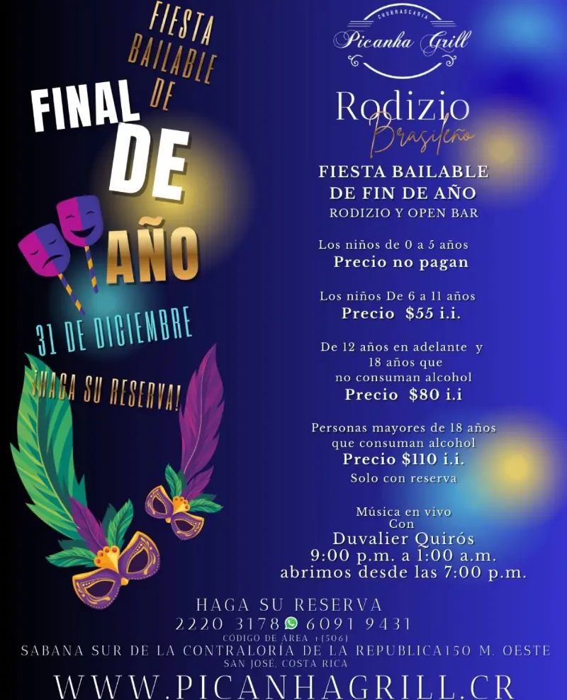 Que hacer hoy en Costa Rica: Celebrá el cierre del año con una fiesta bailable de fin de año que incluye rodizio brasileño, música en vivo y ambiente festivo para recibir el 2026.