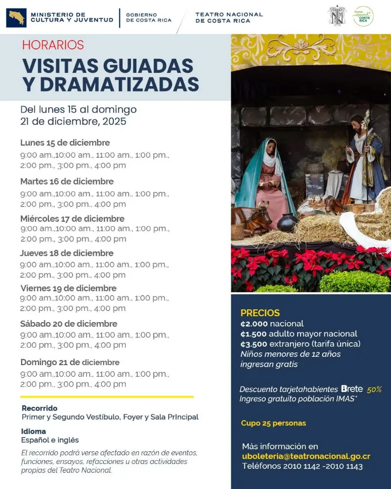 Que hacer hoy en Costa Rica: Recorridos guiados y dramatizados por el Teatro Nacional de Costa Rica, una experiencia cultural para conocer su historia, arquitectura y espacios más emblemáticos.