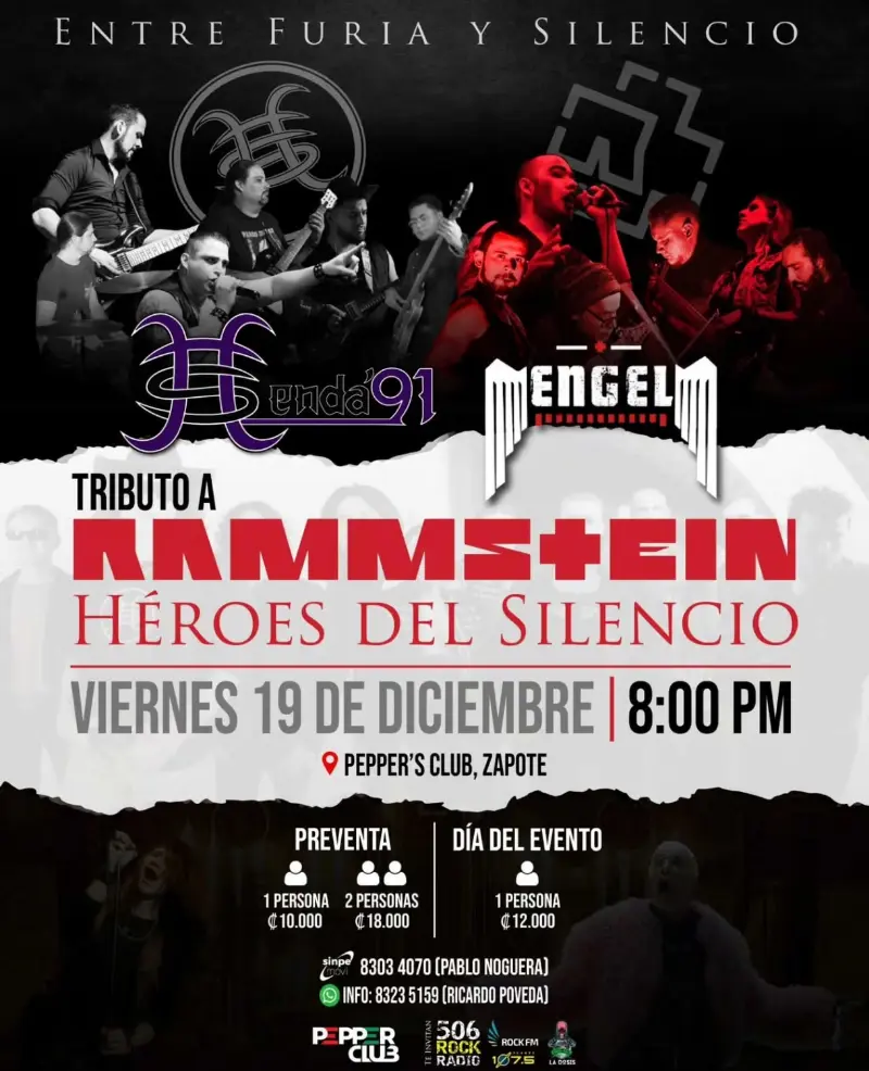Concierto tributo a Rammstein y Héroes del Silencio con las bandas Engel y Senda’91, en una noche cargada de energía, rock y espectáculo.