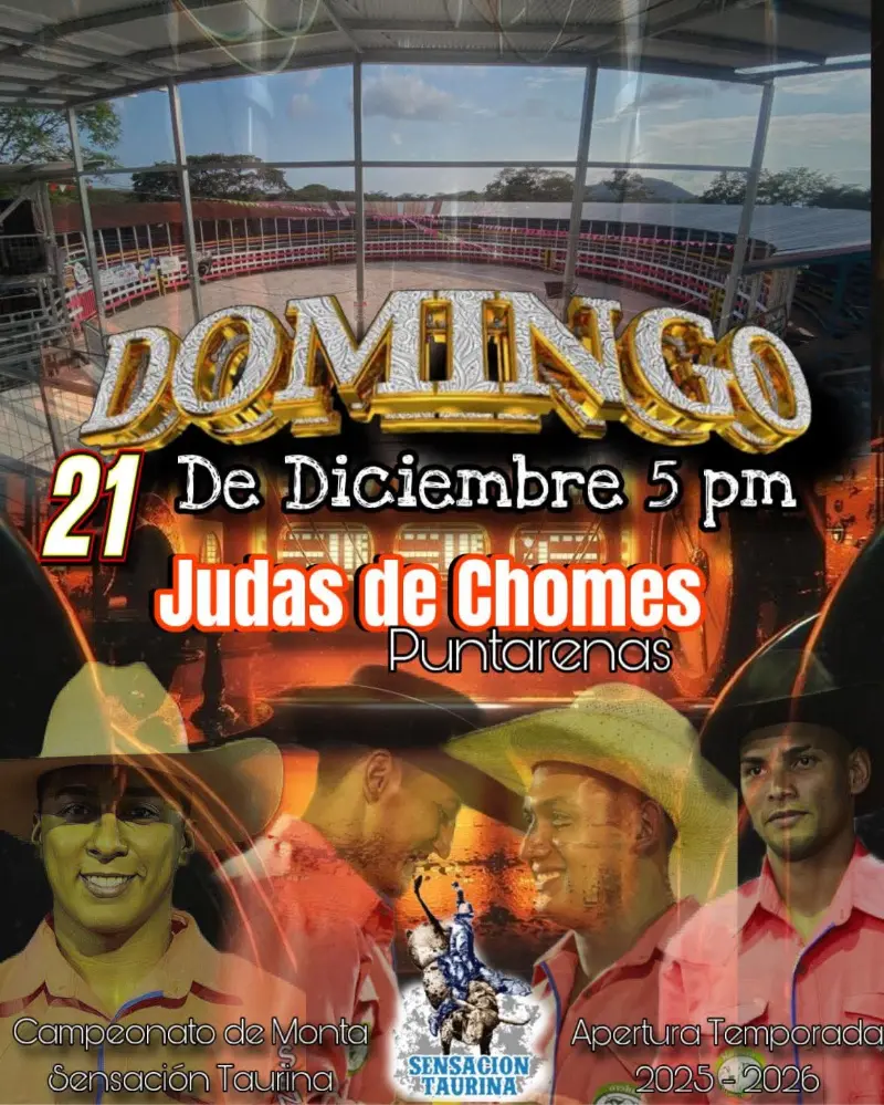 Que hacer hoy en Costa Rica: Domingo taurino con campeonato de monta y apertura de temporada 2025-2026 en Judas de Chomes, Puntarenas.