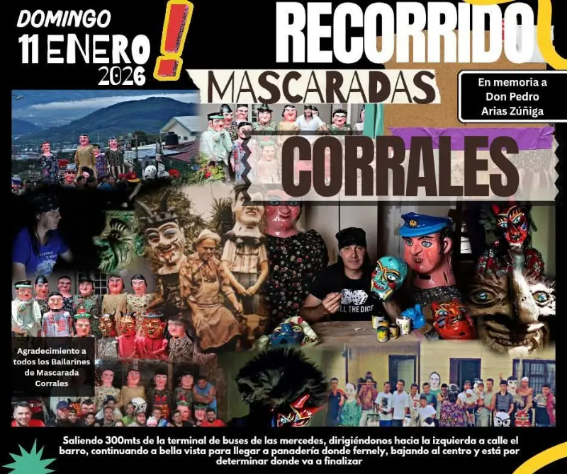 Que hacer hoy en Costa Rica: Recorrido tradicional de mascaradas con cimarrona, rescatando la tradición costarricense y la identidad cultural.