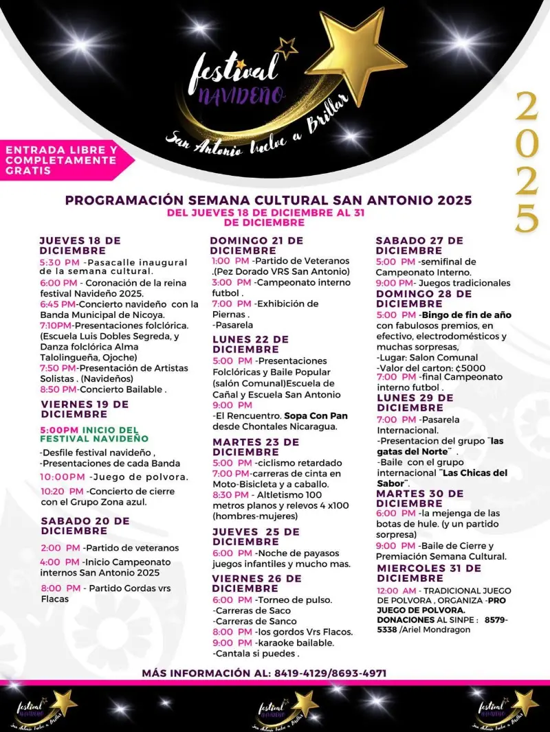 Que hacer hoy en Costa Rica: Semana cultural y festival navideño con actividades gratuitas, conciertos, desfiles, deportes y tradiciones para toda la familia en San Antonio.