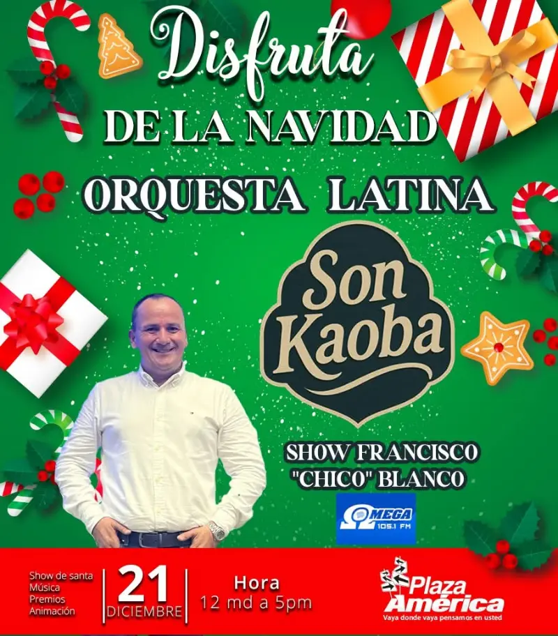 Que hacer hoy en Costa Rica: Tarde navideña en familia con música en vivo, show de Santa, premios y la Orquesta Latina Son Kaoba en Plaza América.