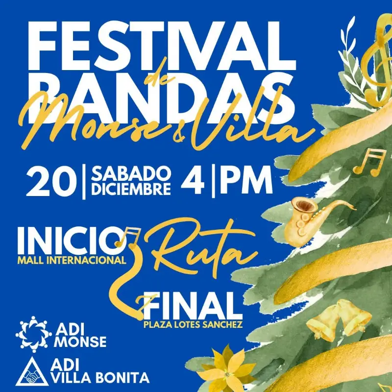 Que hacer hoy en Costa Rica: Festival navideño de bandas con desfile musical por las comunidades de Monserrat y Villa Bonita, con participación de bandas comunales, colegiales y comparsas.