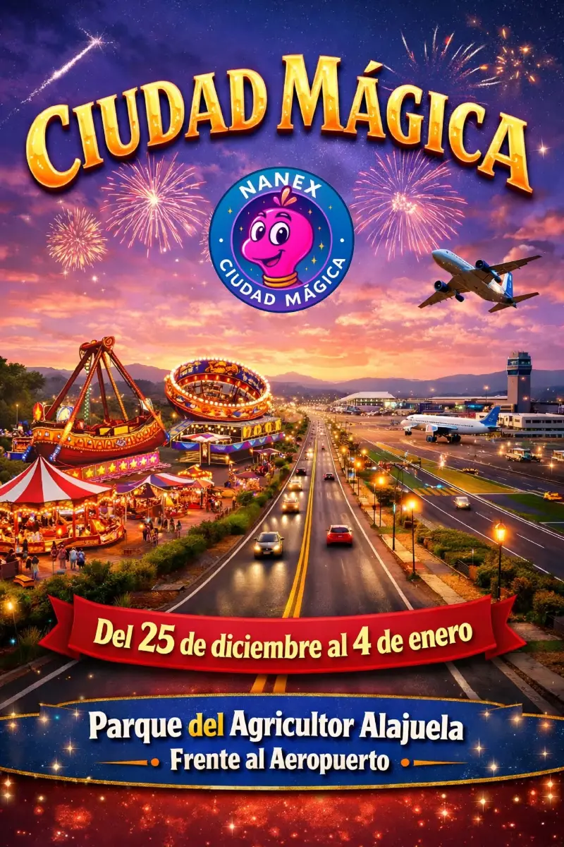 Que hacer hoy en Costa Rica: Parque de atracciones familiar con juegos mecánicos, luces y diversión para grandes y pequeños durante la temporada navideña.