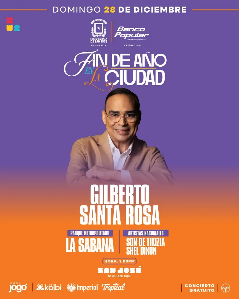 Que hacer hoy en Costa Rica: Gran concierto gratuito de cierre de año con Gilberto Santa Rosa y artistas nacionales, en un evento familiar lleno de música y baile.