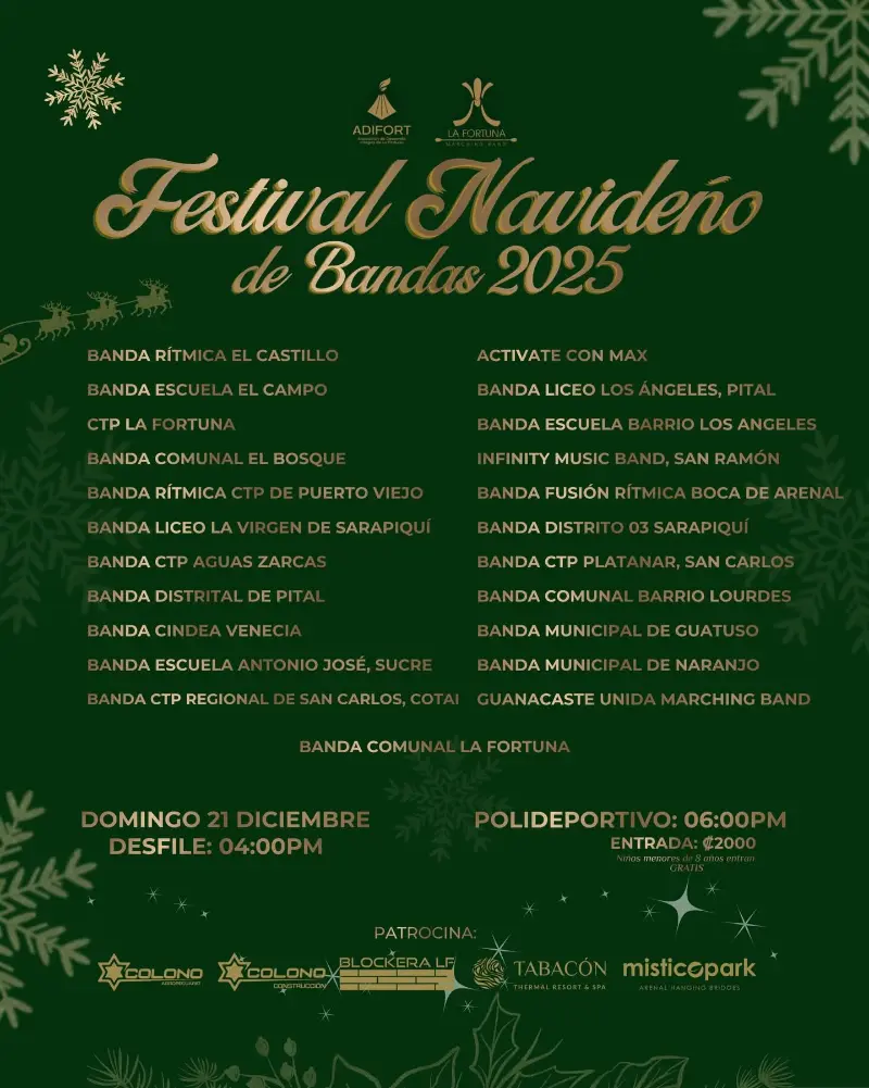 Que hacer hoy en Costa Rica: Gran celebración navideña con desfile y presentaciones de bandas en La Fortuna, ideal para disfrutar en familia y comunidad.