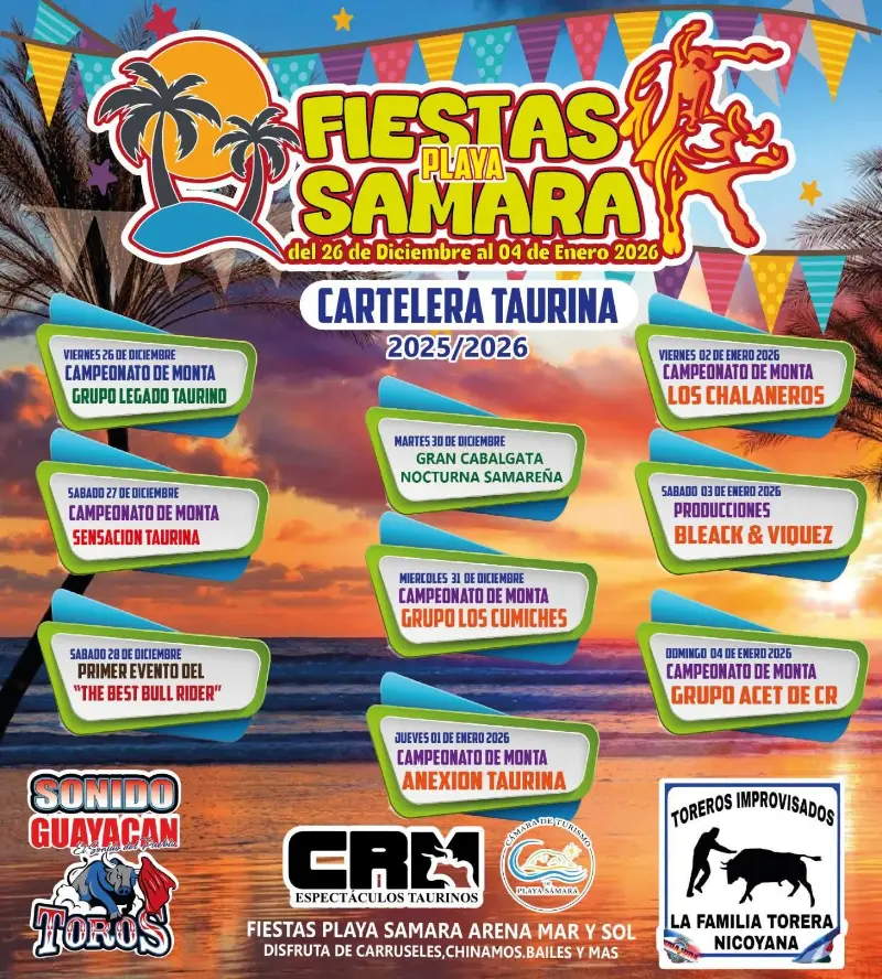 Que hacer hoy en Costa Rica: Cartelera taurina y actividades festivas en Playa Sámara con campeonatos de monta, cabalgata nocturna y eventos especiales.