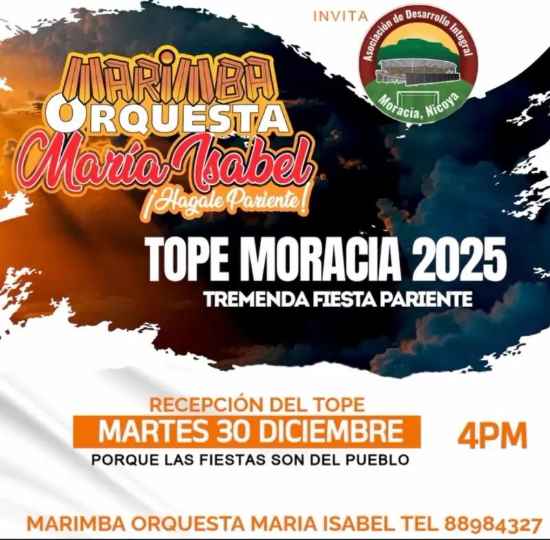 Que hacer hoy en Costa Rica: Recepción del Tope Moracia 2025 con la presentación de la Marimba Orquesta María Isabel en una gran fiesta para todo el pueblo.