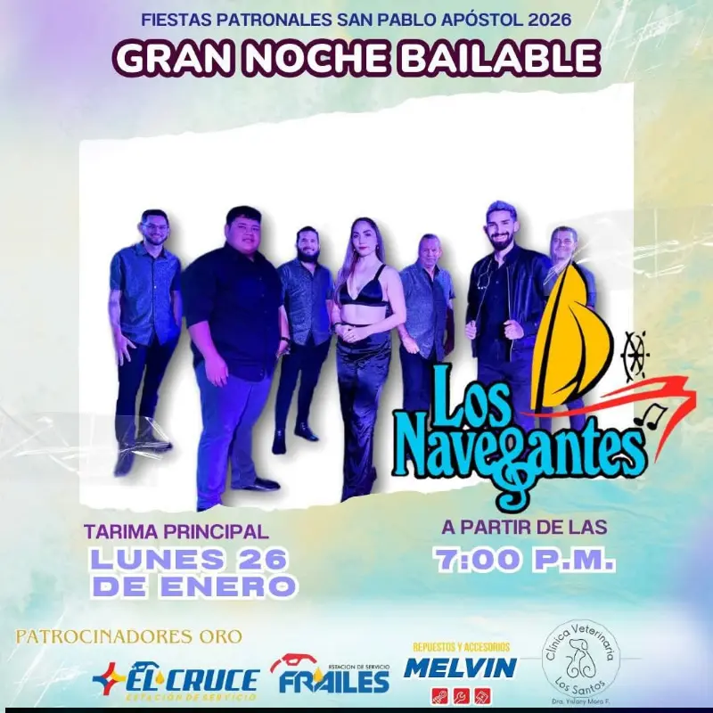 Que hacer hoy en Costa Rica: Noche bailable en las Fiestas Patronales San Pablo Apóstol 2026 con música en vivo de Los Navegantes.
