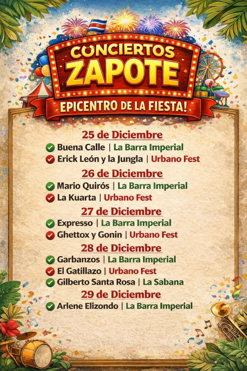 Agenda oficial de conciertos en Zapote con artistas nacionales e internacionales del 25 de diciembre al 7 de enero.