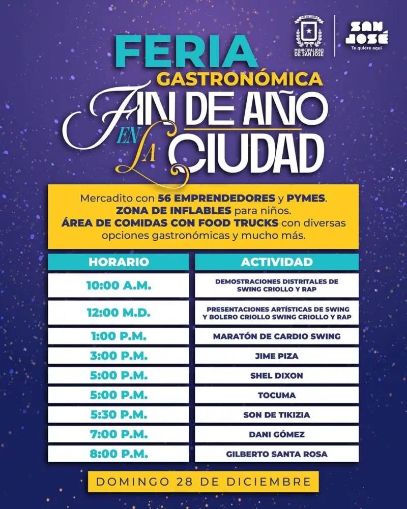 Celebración de fin de año en San José con música en vivo, gastronomía, actividades familiares y entrada gratuita.