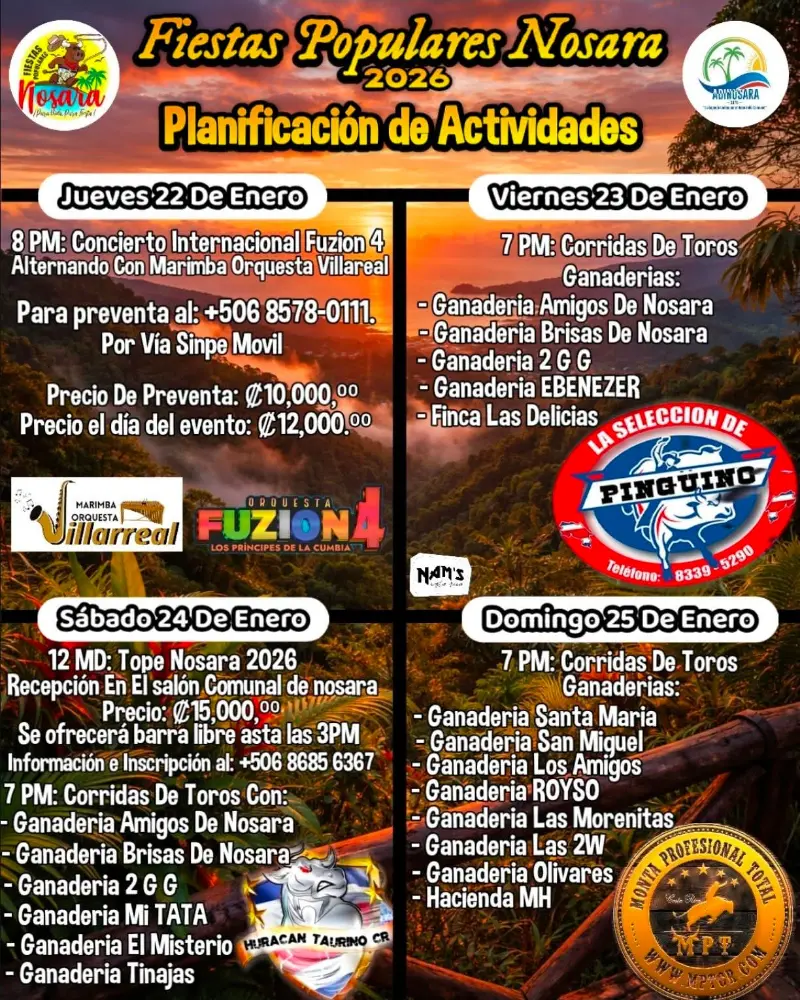 Que hacer hoy en Costa Rica: Las tradicionales Fiestas Populares de Nosara regresan en enero 2026 con conciertos, corridas de toros, tope, marimba y actividades para toda la familia.