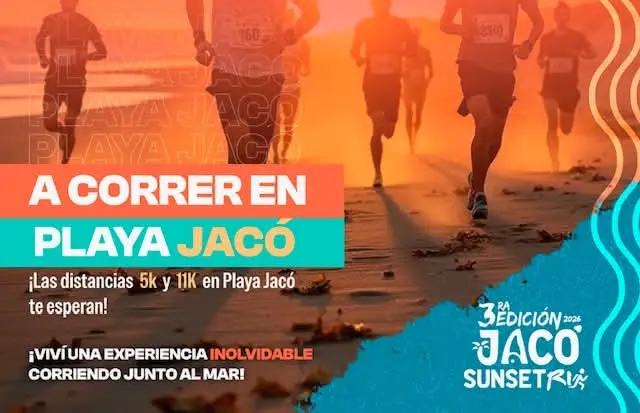 Que hacer hoy en Costa Rica: Carrera de 5 km y 11 km al atardecer, recorriendo la costa de Jacó en una experiencia deportiva junto al mar.