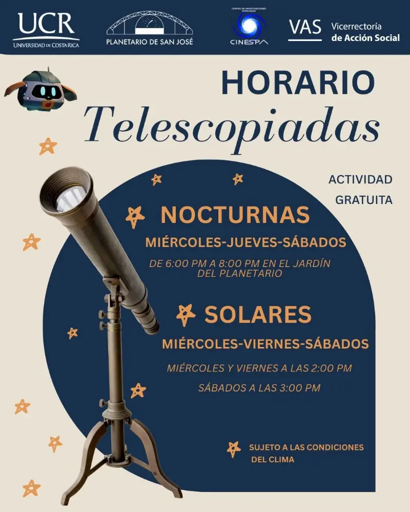 Que hacer hoy en Costa Rica: Actividad gratuita de Telescopiadas en el Planetario de San José a partir del 12 de enero. Observación solar y nocturna con telescopios y guías de astronomía.