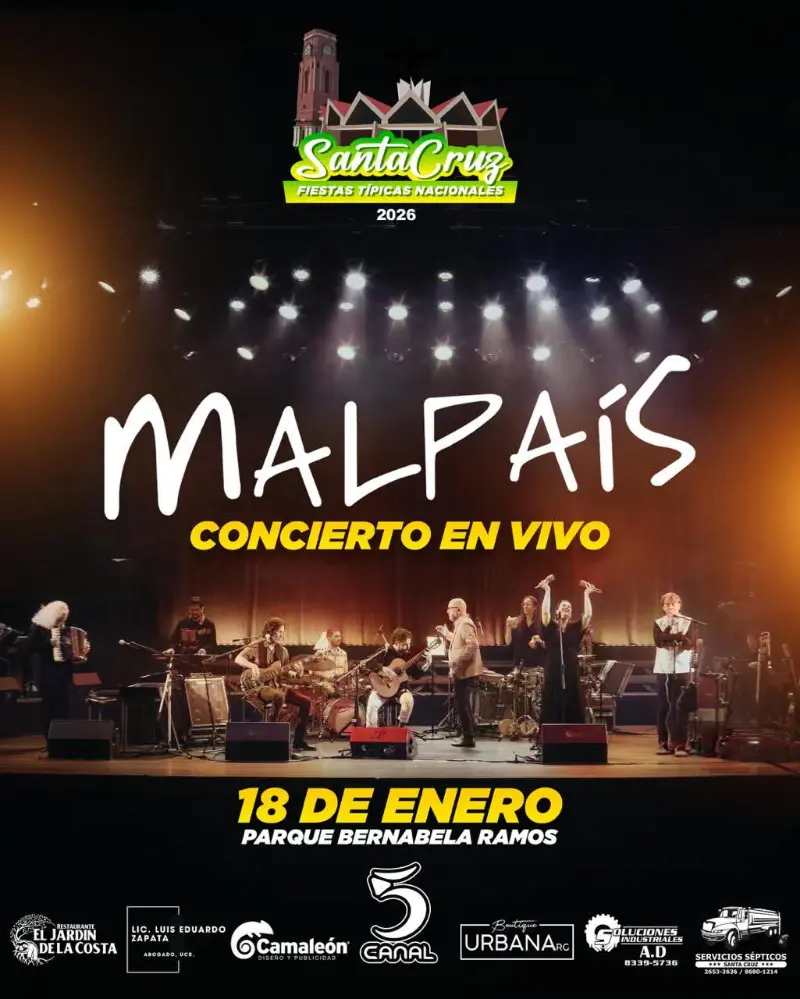 Que hacer hoy en Costa Rica: Concierto en vivo de Malpaís el 18 de enero de 2026 como parte de las Fiestas Típicas Nacionales de Santa Cruz.