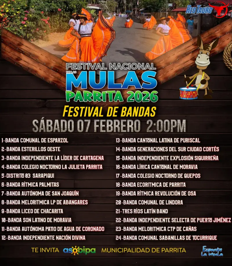 Que hacer hoy en Costa Rica: Festival de Bandas del Festival Nacional de las Mulas en Parrita, el sábado 7 de febrero de 2026 a las 2:00 p.m., con la participación de 24 bandas de todo el país.