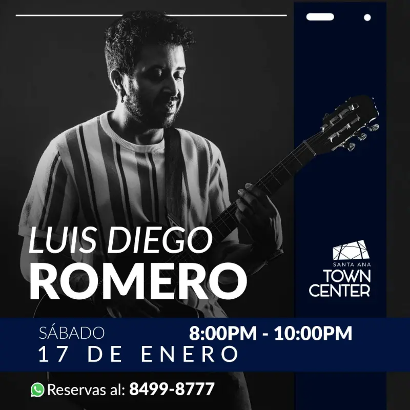 Que hacer hoy en Costa Rica: Disfrutá de una noche de música en vivo con Luis Diego Romero en Vía Gourmet del Santa Ana Town Center. Evento gratuito con consumo en barras.