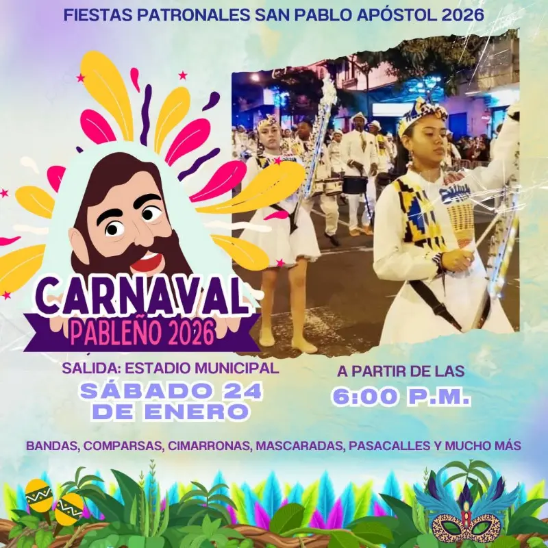 Que hacer hoy en Costa Rica: Colorido carnaval como parte de las Fiestas Patronales San Pablo Apóstol 2026, con bandas, comparsas, cimarronas, mascaradas y pasacalles.