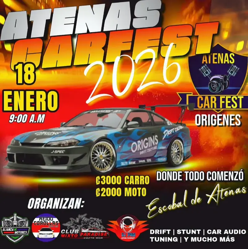 Que hacer hoy en Costa Rica: Evento automotriz con exhibición de carros y motos, drift, stunt, car audio y tuning, en Atenas.