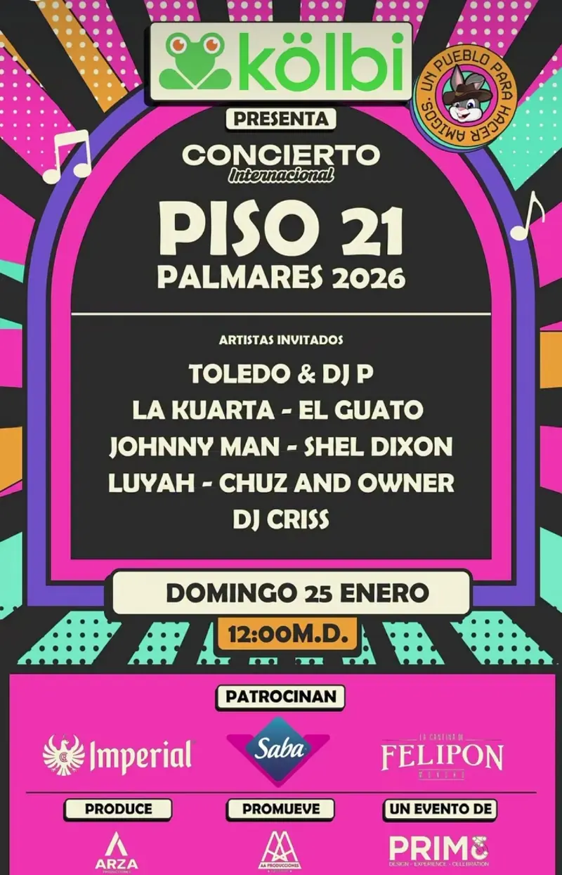 Que hacer hoy en Costa Rica: Concierto internacional de Piso 21 en las Fiestas de Palmares 2026, con artistas invitados y un ambiente lleno de música y fiesta.