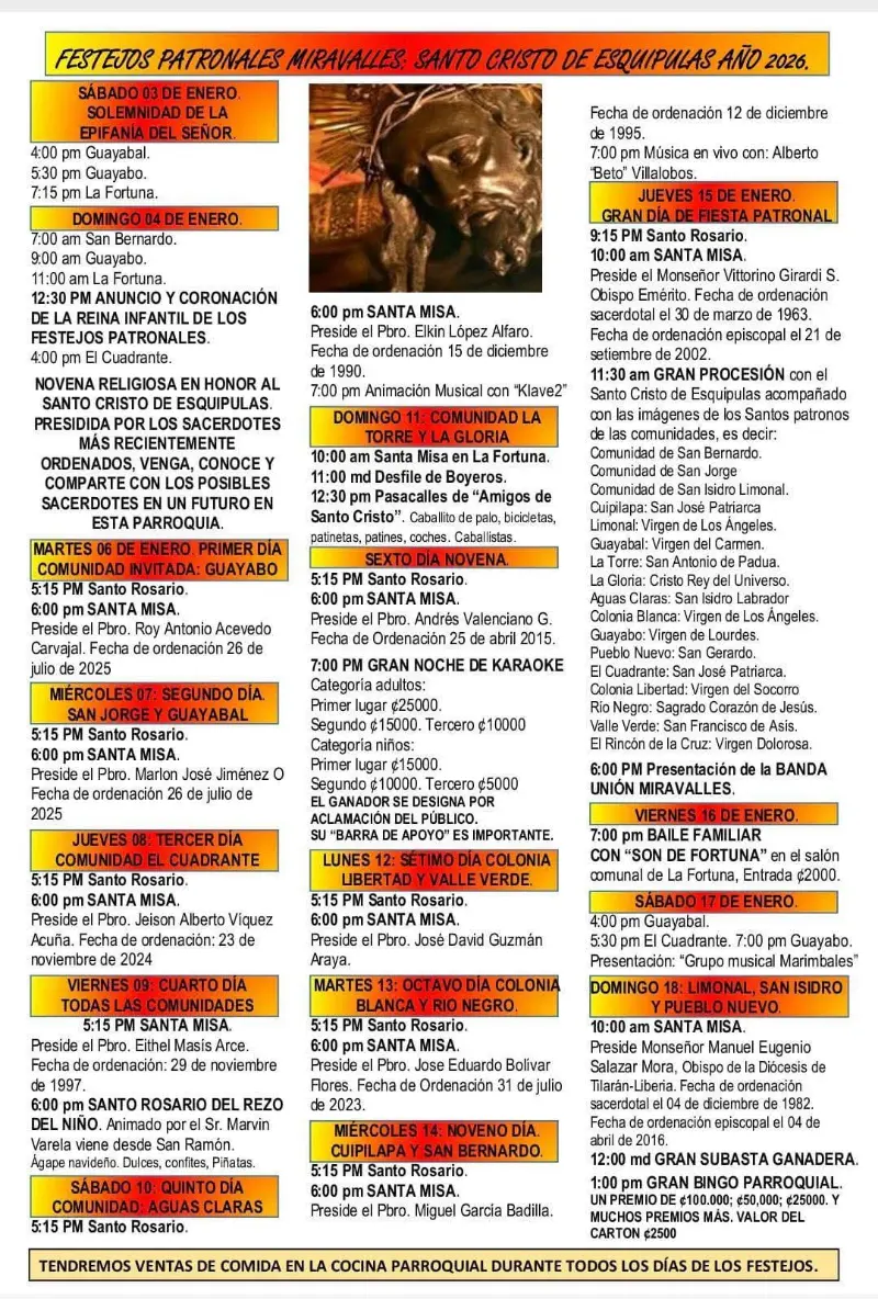 Que hacer hoy en Costa Rica: Fiestas Patronales de Miravalles en honor al Santo Cristo de Esquipulas, con actividades religiosas, culturales y familiares para toda la comunidad.