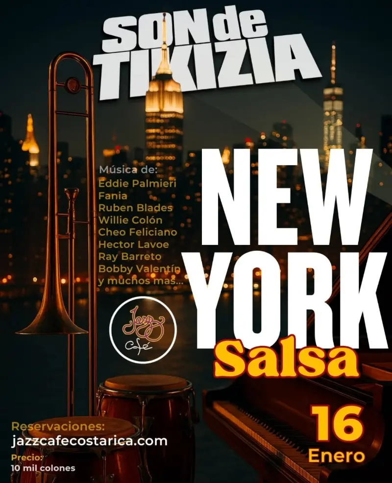 Que hacer hoy en Costa Rica: Son de Tikizia presenta una noche de salsa clásica al estilo New York, con metales potentes y ritmos legendarios.