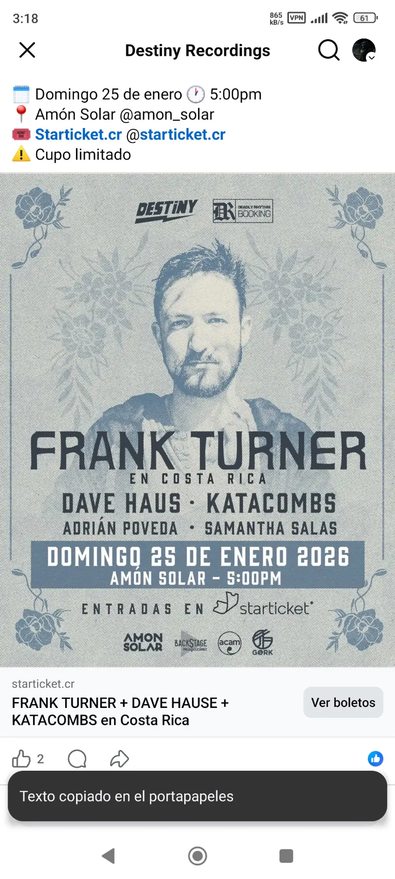 Que hacer hoy en Costa Rica: Frank Turner llega a Costa Rica junto a Dave Hause y Katacombs, con artistas invitados nacionales en un show de cupo limitado.