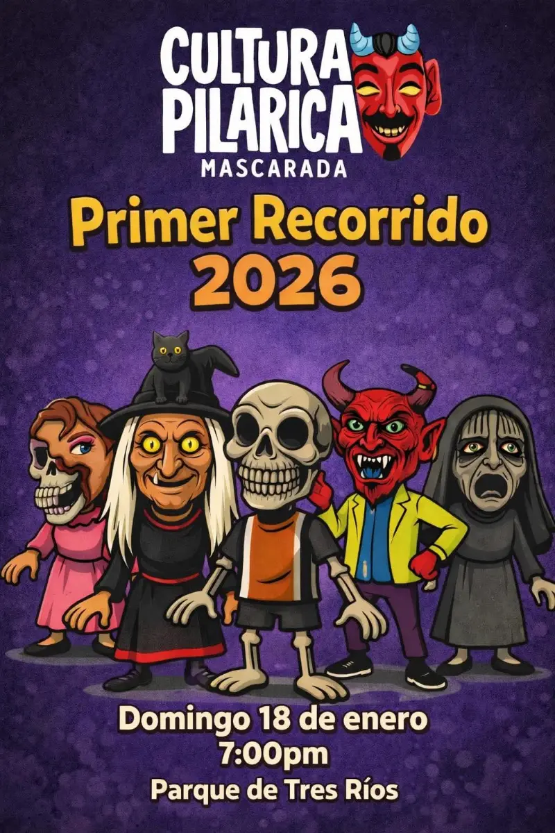 Que hacer hoy en Costa Rica: Mascarada Cultura Pilarica celebra su primer recorrido del 2026 con música, baile y cimarrona sorpresa en Tres Ríos.