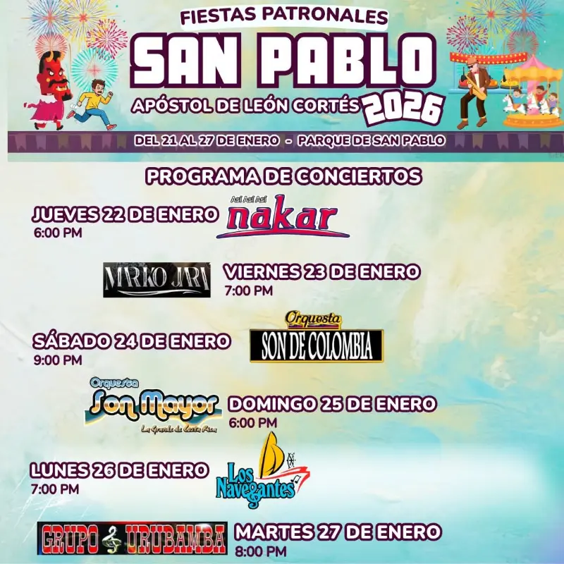 Que hacer hoy en Costa Rica: Una semana llena de música, baile y tradición en las Fiestas Patronales de San Pablo Apóstol 2026, con conciertos diarios y orquestas para todos los gustos.