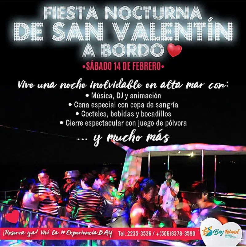 Que hacer hoy en Costa Rica: Vive una noche inolvidable en alta mar con un tour especial de San Valentín todo incluido, música, cena, cocteles y animación.