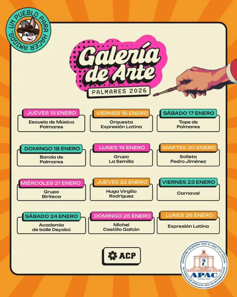 Que hacer hoy en Costa Rica: Espacio cultural con música, danza y artes plásticas en el marco de las Fiestas Palmares 2026.