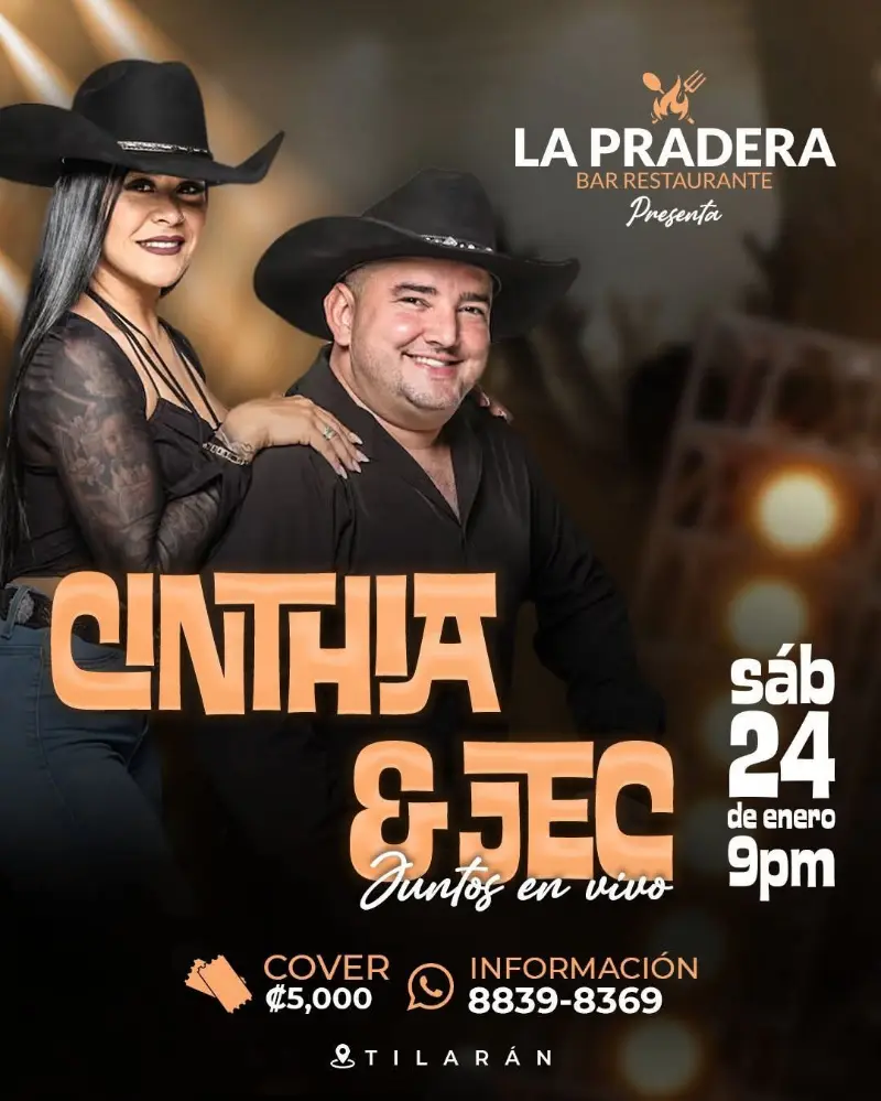 Que hacer hoy en Costa Rica: Noche de música en vivo con Jecsinior y Cinthia Arévalo en La Pradera Bar Restaurante.